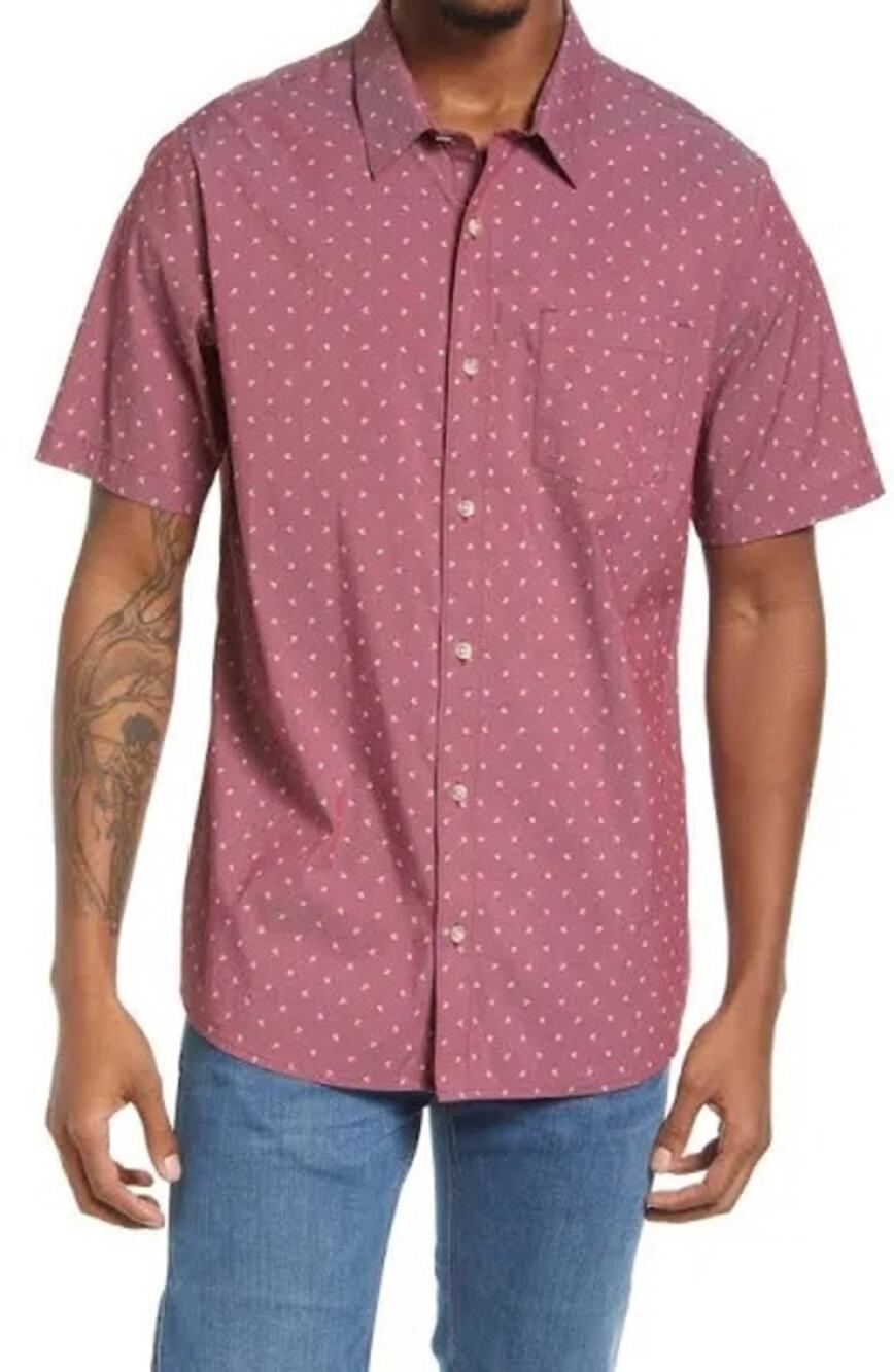 TravisMathew Not Your Best Red Short Sleeve Button-Up Shirt
